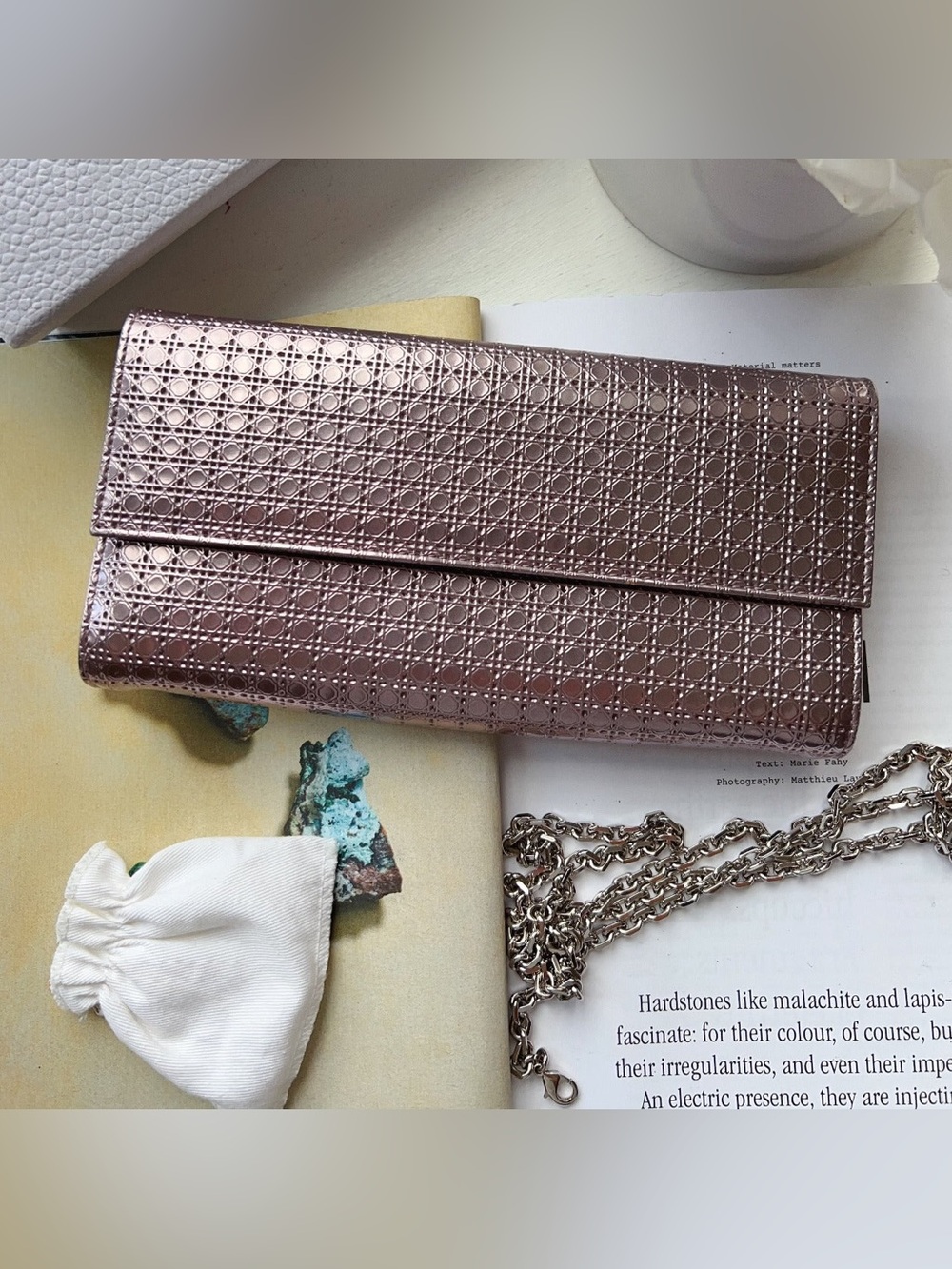 Dior Lady Dior Micro-Cannage Metallic Rose Gold Wallet On Chain New